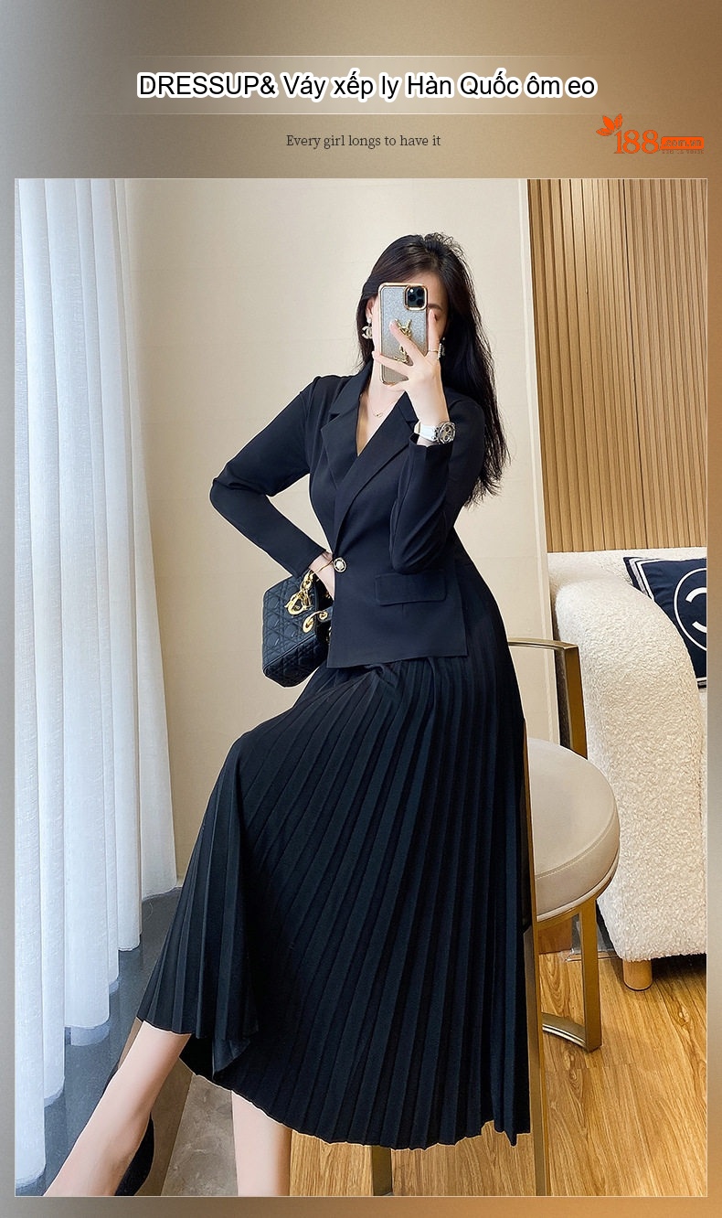 Váy Đầm Vest Công Sở Nữ Dáng Dài Xòe Ly Phong Cách Hàn Quốc Màu Đen chi tiết 1