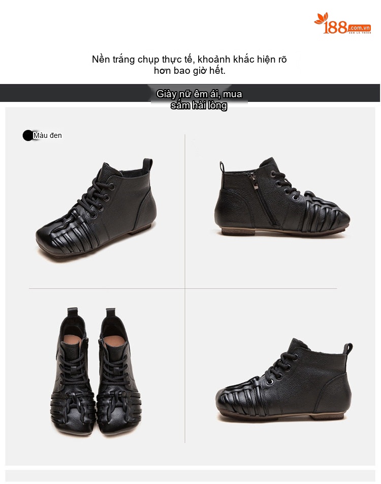 Giày Boot Nữ Da Bò Cổ Ngắn Buộc Dây Chiều Cao Đế Khoảng 2cm Màu Đen, Nâu chi tiết 17