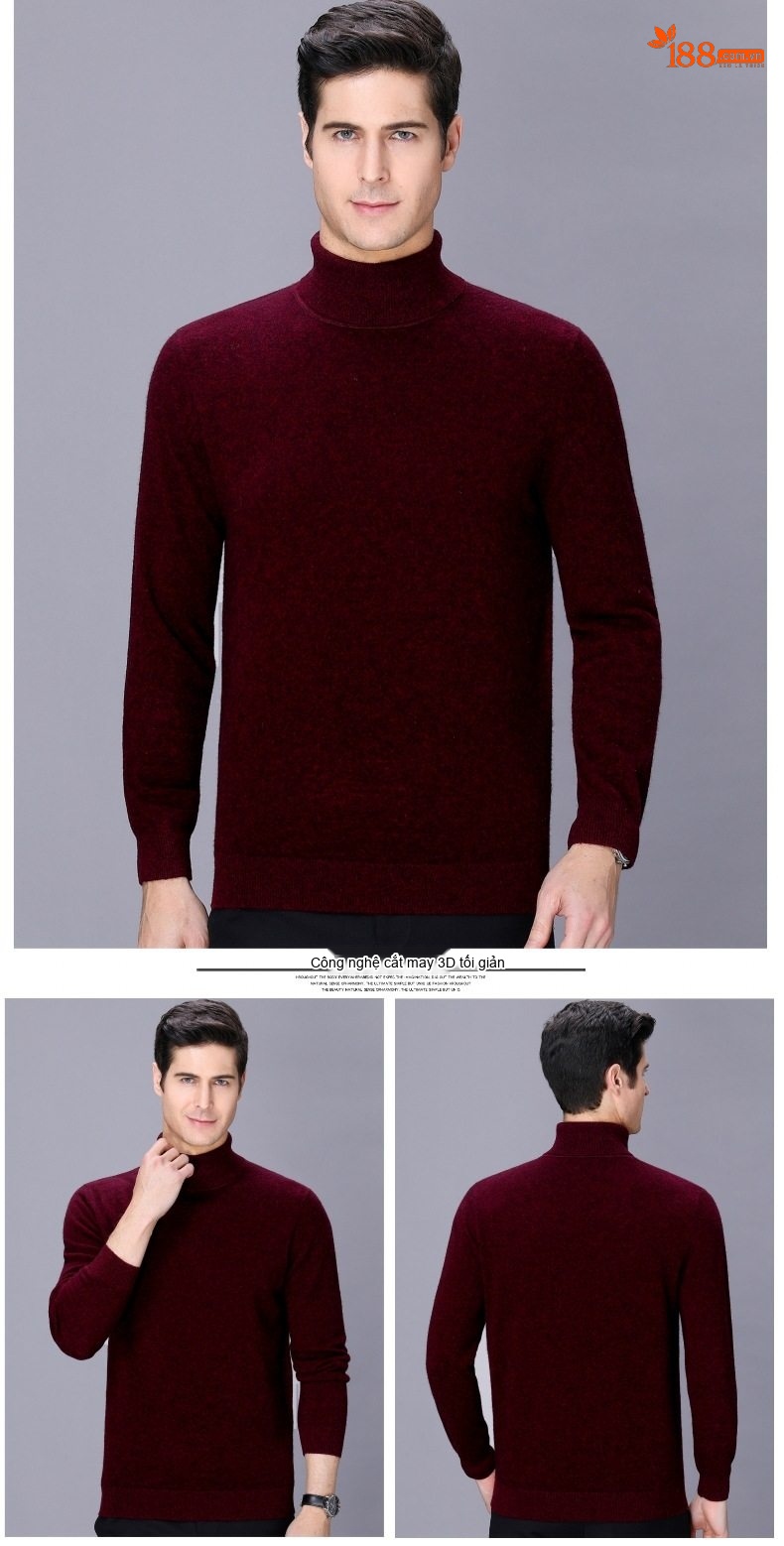 Áo Len Nam Cổ Lọ Dệt Kim Cashmere Dày Dặn Giữ Ấm Màu Nâu, Đỏ Rượu, Xám, Đen chi tiết 19