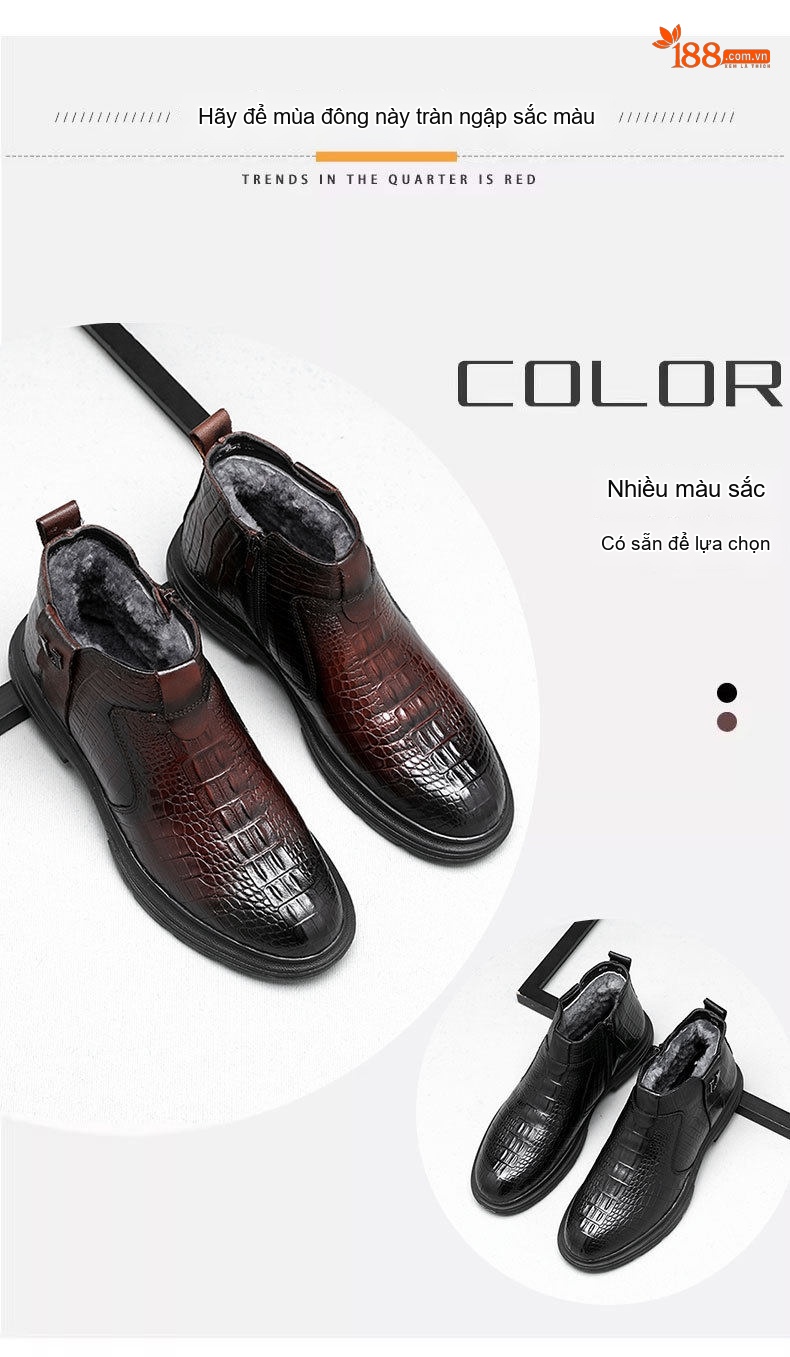 Boot Nam Da Thật Cao Cổ Lót Lông Cừu Giữ Ấm Chiều Cao Đế Khoảng 4cm Màu Đen, Nâu chi tiết 3