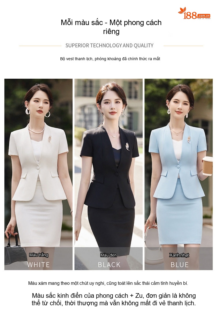 Set Bộ Vest Công Sở Nữ Tay Ngắn Quần/Chân Váy Màu Xanh, Đen, Trắng chi tiết 7