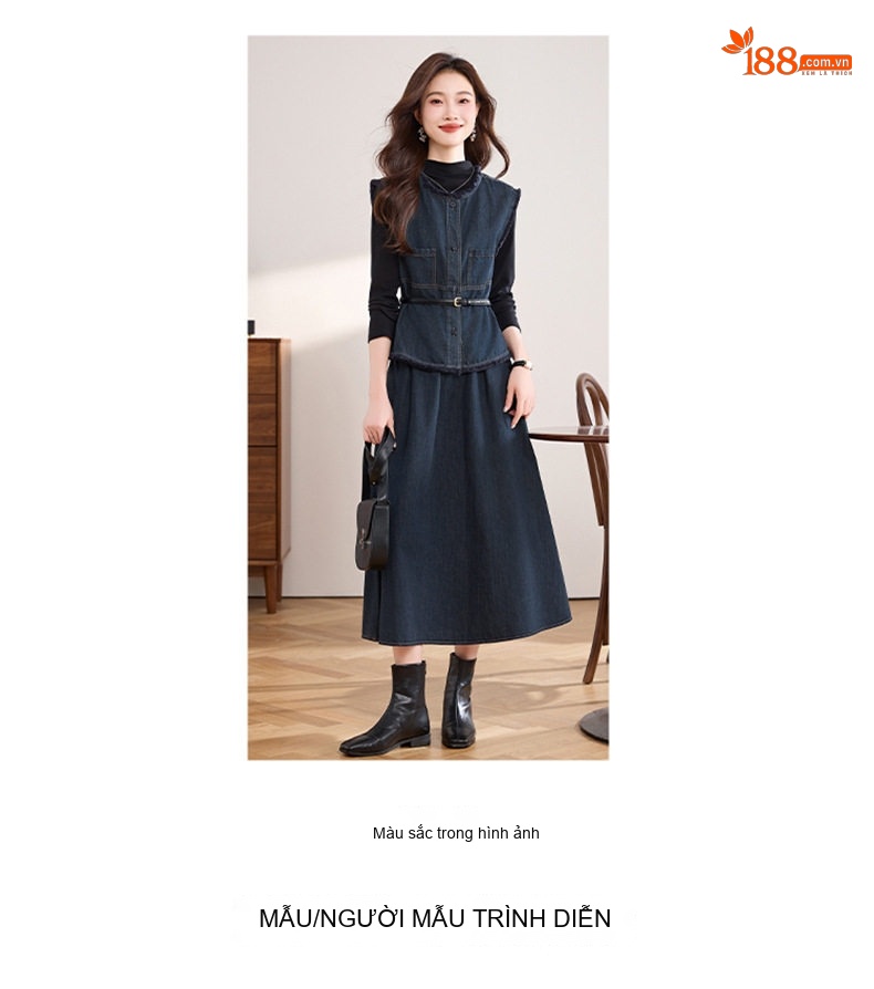 Set Bộ Áo Gile Lửng và Chân Váy Midi Nữ Phong Cách Tiểu Thư Màu Xanh Navy chi tiết 12
