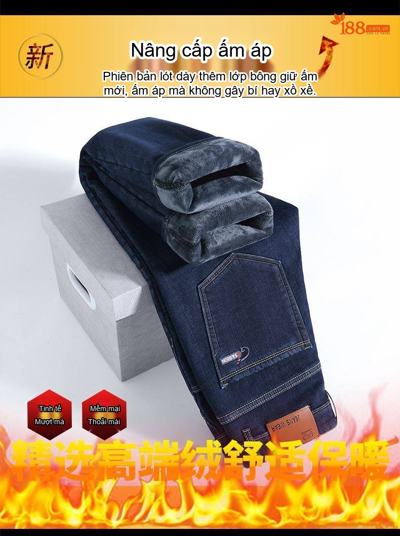 Quần Jean Nam Dáng Suông Dài Lót Lông Dày Ấm Màu Xanh Đậm chi tiết 3