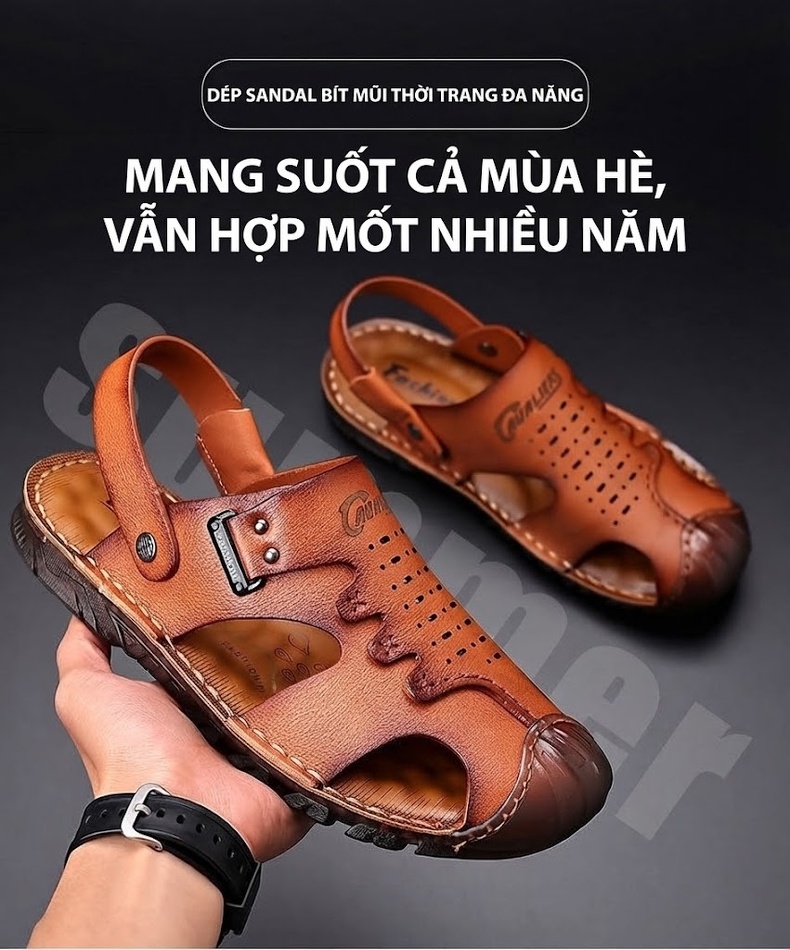 Dép Sandal Nam Da Bò Bít Mũi Thoáng Khí Chiều Cao Đế Khoảng 2cm Màu Nâu, Đen chi tiết 2