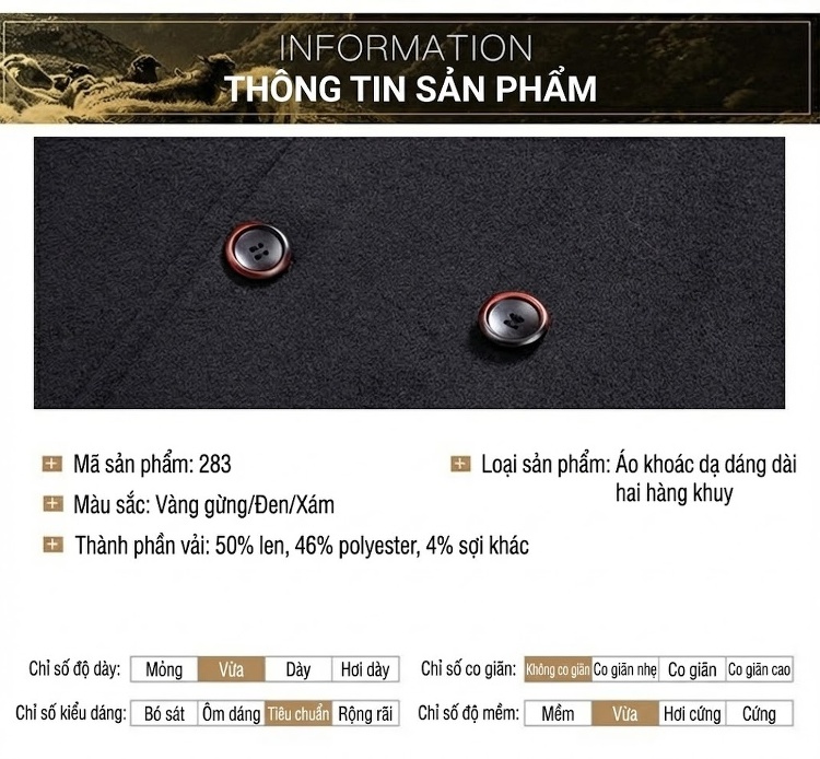 Áo Khoác Dạ Nam Dáng Dài Cổ chữ Vest Hai Hàng Khuy Dày Dặn Màu Nâu, Đen, Xám... chi tiết 8