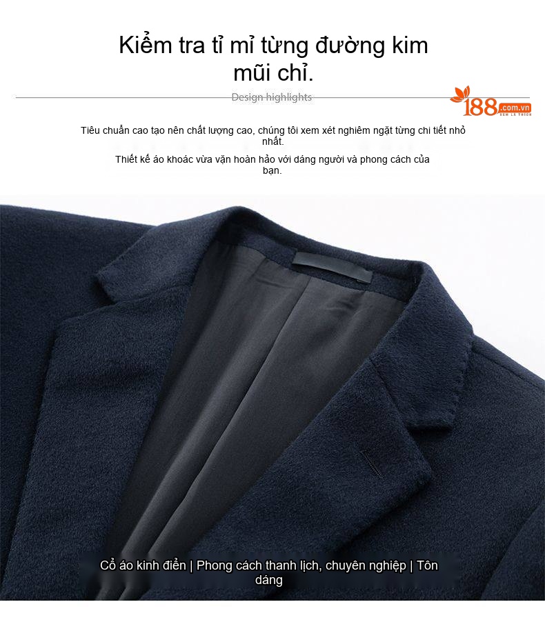 Áo Vest/Blazer Nam 100% Lông Cừu Màu Đen, Xanh Navy chi tiết 7