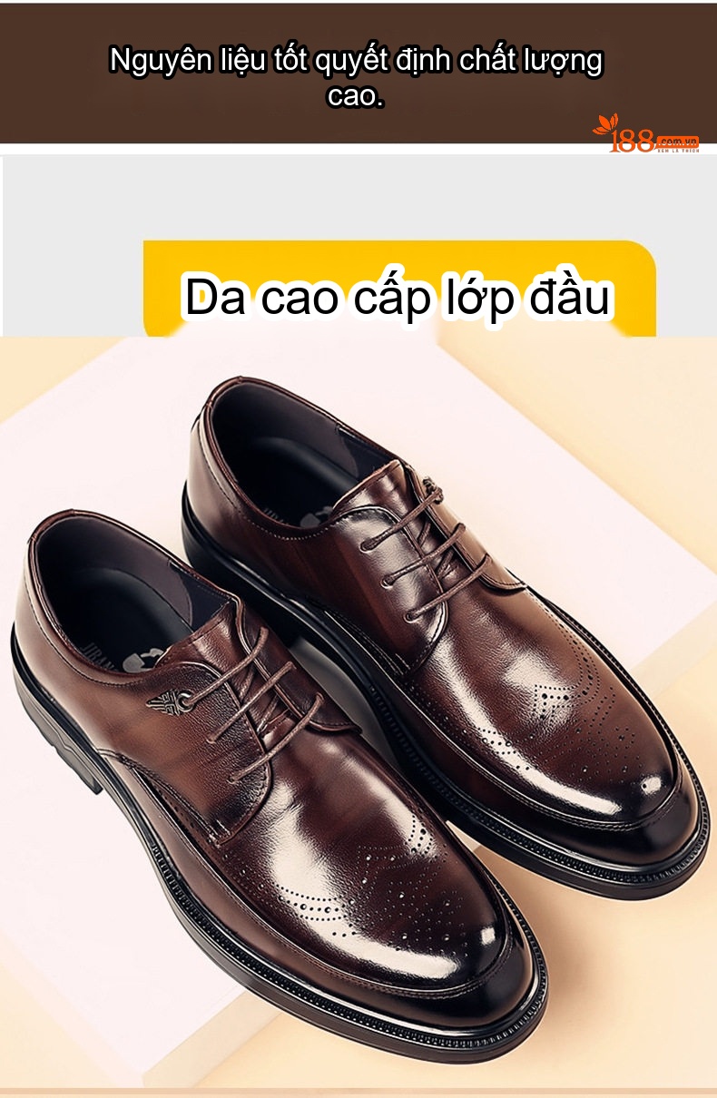 Giày Tây Buộc Dây Nam Da Bò Chiều Cao Đế Khoảng 3cm Màu Đen, Nâu chi tiết 8