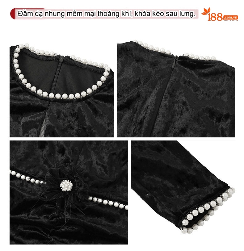 Đầm Nhung Dài Tay Ôm Body Đính Đá Thiết Kế Tiểu Thư Màu Đen chi tiết 4
