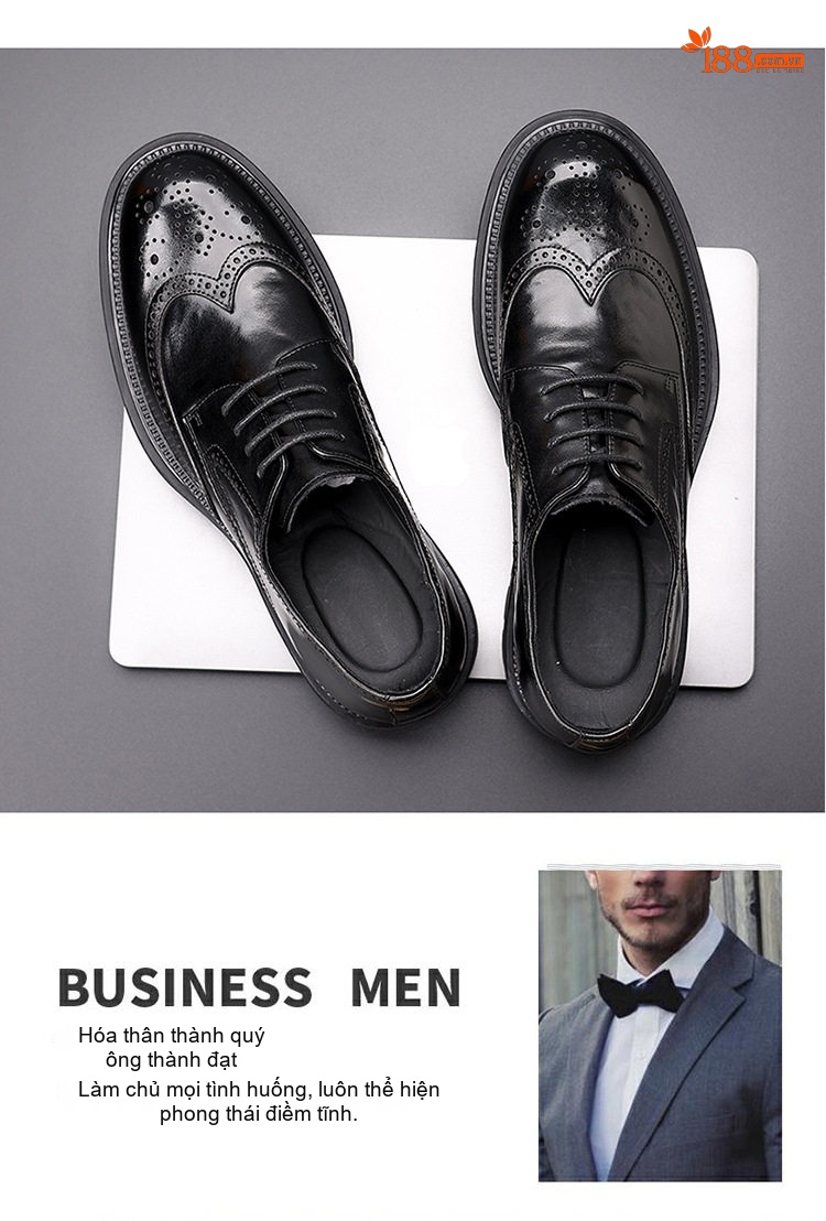 Giày Tây Buộc Dây Nam Da Bò Brogue Chiều Cao Đế Khoảng 4cm Màu Đen, Nâu chi tiết 3