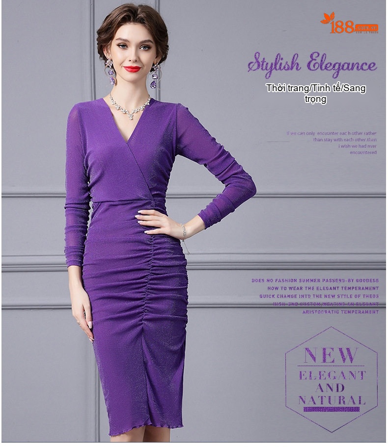 Đầm Ôm Body Nữ Tay Dài Cổ Chữ V, Chiết Ly, Xẻ Tà Màu Tím, Đen chi tiết 18