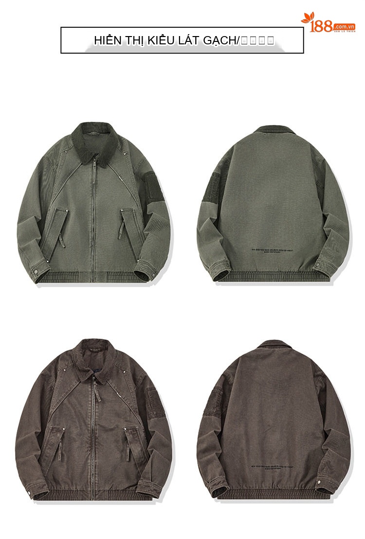 Áo Khoác Bomber Nam Cotton Dáng Ngắn Cổ Bẻ Phong Cách Retro Màu Xanh Olive, Nâu chi tiết 5