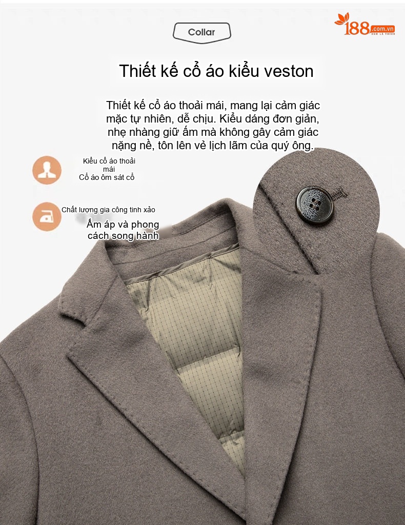 Áo Khoác Dạ Nam Dáng Dài Có Lớp Lót Lông Vũ Tháo Rời Màu Đen, Nâu chi tiết 9