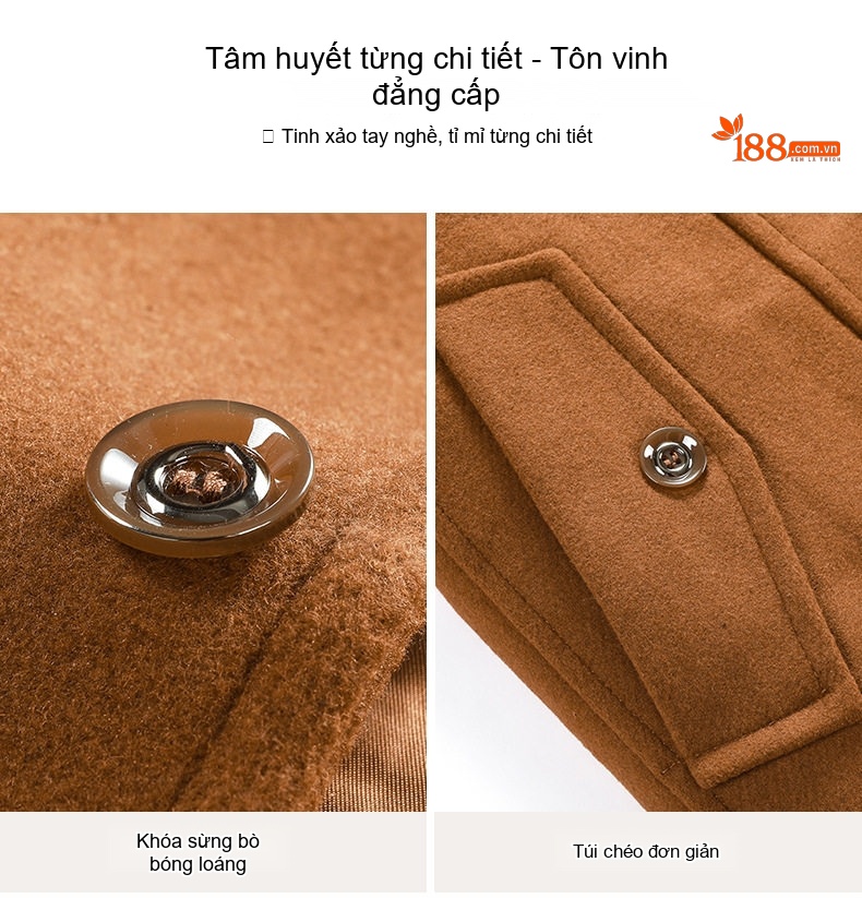 Áo Khoác Dạ Nam Lông Cừu Hai Cổ Áo Dáng Ôm Chống Lạnh Màu Đen, Nâu, Xám, Xanh Navy chi tiết 9
