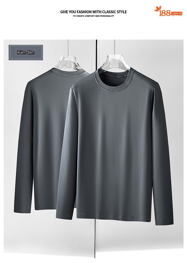 Áo Thun Dài Tay Nam Cotton Lụa Xử Lý Amoniac Màu Trắng, Kem, Nâu, Đen chi tiết 21