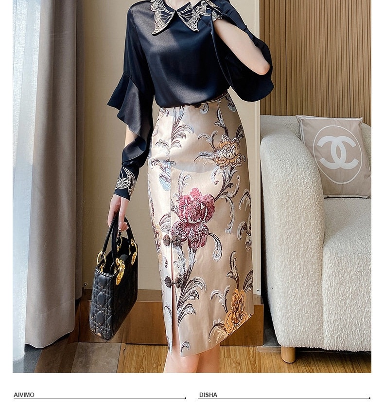 Set Áo Sơ Mi Tay Dài Cổ Nơ và Chân Váy Ôm Satin Cao Cấp Màu Đen, Vàng Be chi tiết 3