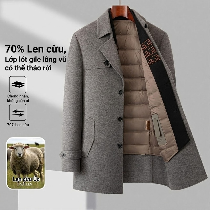 Áo Khoác Dạ Nam Lông Cừu Mỏng Cổ chữ Vest Lót Lông Vũ Tháo Rời Màu Đen, Xám, Nâu