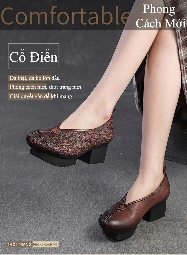 Giày Lười Nữ Họa Tiết Hoa Văn Chiều Cao Đế Khoảng 4cm Màu Đỏ, Nâu chi tiết 1