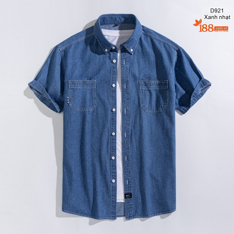 Áo Sơ Mi Tay Ngắn Cotton Denim Nam Phong Cách Hàn Quốc Màu Xanh Dương Nhạt, Xanh Dương Đậm
