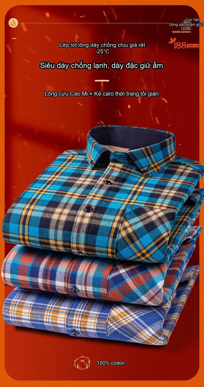 Áo Sơ Mi Nam Ca Rô Lông Cừu Non Cotton Dày Dặn Giữ Ấm Màu Đen, Đỏ, Xanh Dương, Xanh Lá... chi tiết 2
