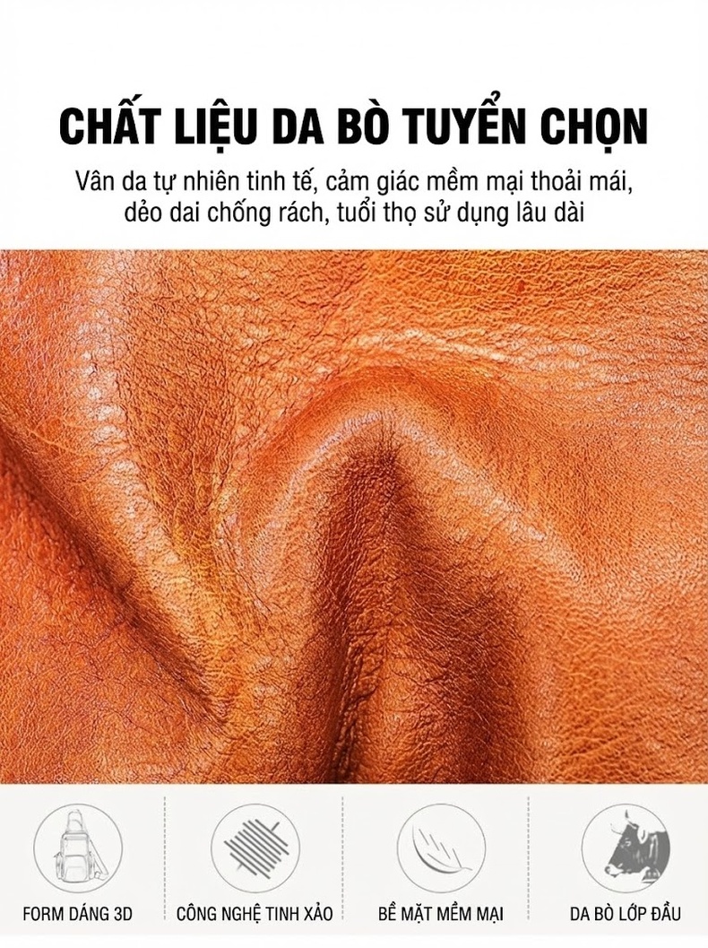 Túi Đeo Ngực/Đeo Chéo Nam Da Bò Thật Phong Cách Cổ Điển Màu Nâu chi tiết 7