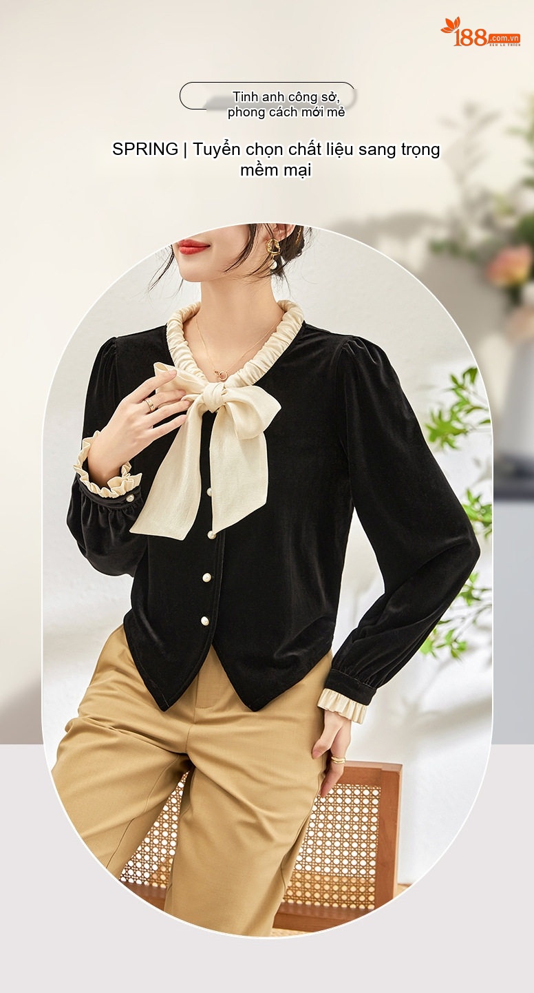 Áo Cardigan Nữ Nhung Nơ Cổ Điển Phong Cách Pháp Màu Đen, Kem chi tiết 1
