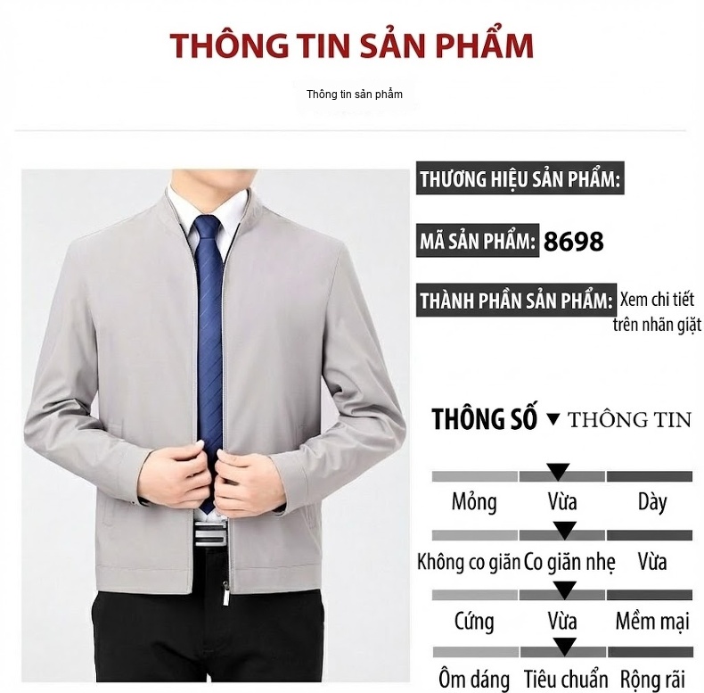 Áo Khoác Nam Trung Niên Công Sở Cổ Trụ Chất Liệu Tơ Tằm Màu Be, Xám, Xanh Navy, Đỏ Rượu... chi tiết 4