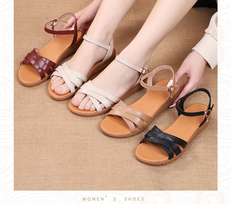 Dép Sandal Nữ Da Thật Quai Chéo Đế Mềm Chống Trượt Đế Cao 3cm - 4cm Màu Đỏ, Nâu, Đen, Kem chi tiết 2