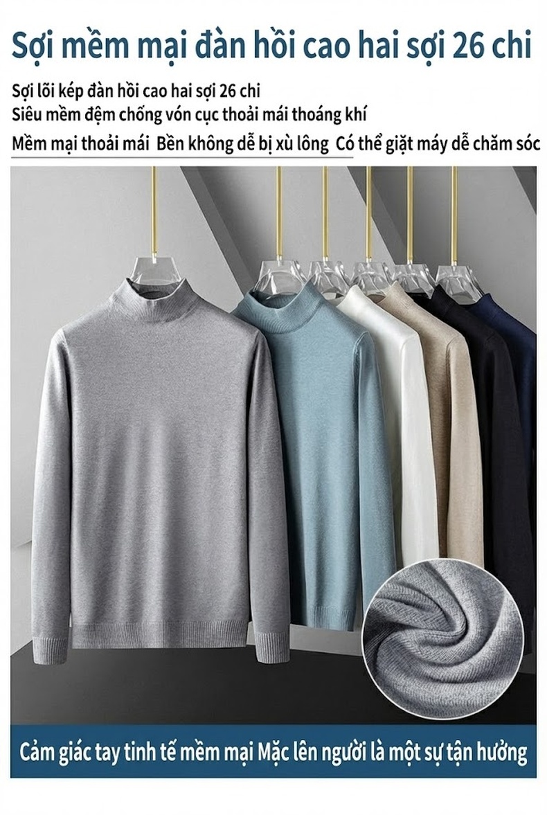 Áo Len Nam Cổ Lọ Dệt Kim Lót Lông Dày Dặn Phong Cách Hàn Quốc Màu Be, Xám, Đen, Xanh... chi tiết 1