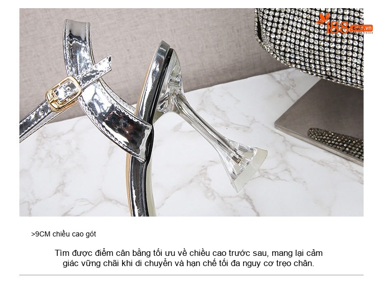Giày Sandal Cao Gót Nữ Quai Mảnh Đính Đá Gót Cao 8cm Màu Đỏ, Trắng, Hồng, Xanh Dương... chi tiết 7