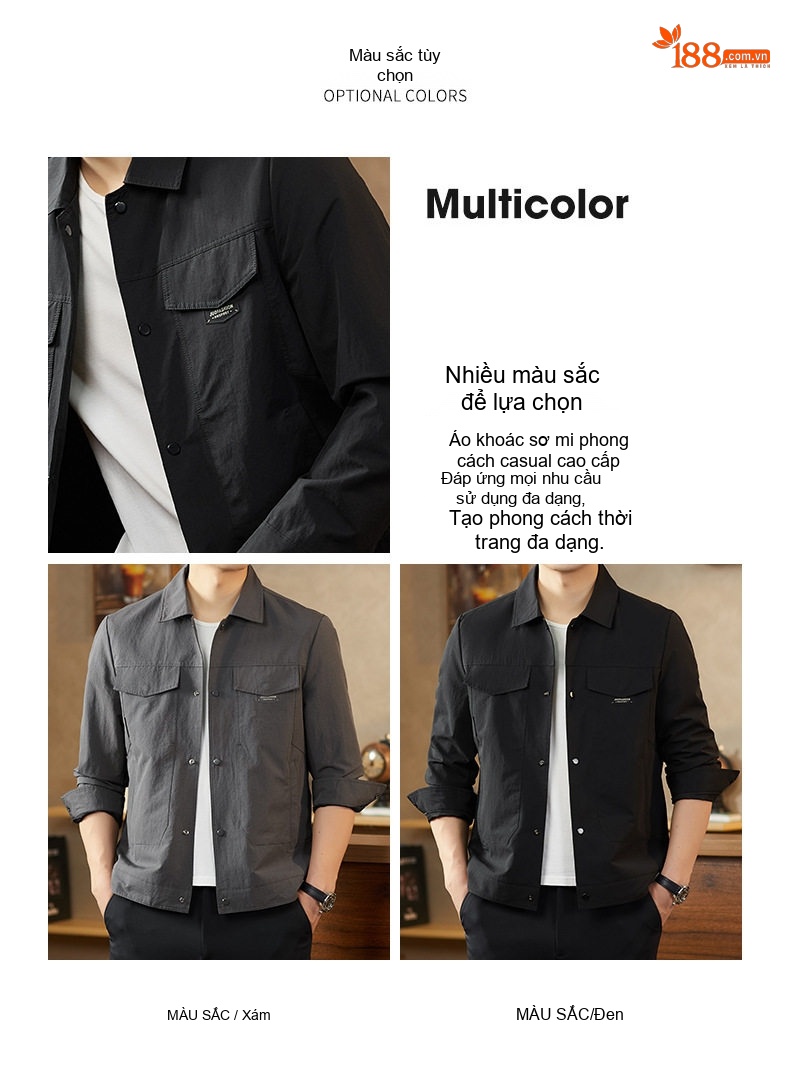Áo Khoác Công Sở Nam Cổ chữ Vuông Phong Cách Casual Màu Đen, Xám chi tiết 5