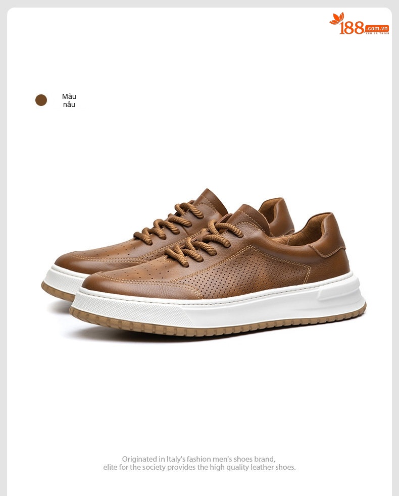 Giày Sneaker Nam Da Thật Thoáng Khí Chiều Cao Đế Khoảng 3.5cm Màu Trắng, Đen, Nâu chi tiết 18
