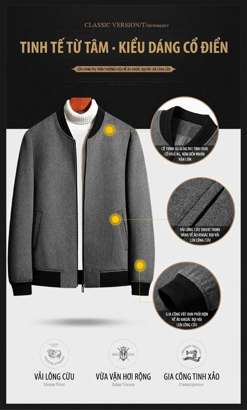 Áo Khoác Bomber Nam 2021 Thu Đông Dáng Ôm Vải Woollen Màu Đen, Xám chi tiết 1