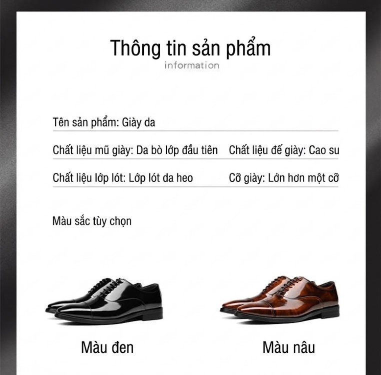 Giày Tây Buộc Dây Nam Da Bò Chiều Cao Đế Khoảng 3cm Màu Đen, Nâu chi tiết 5