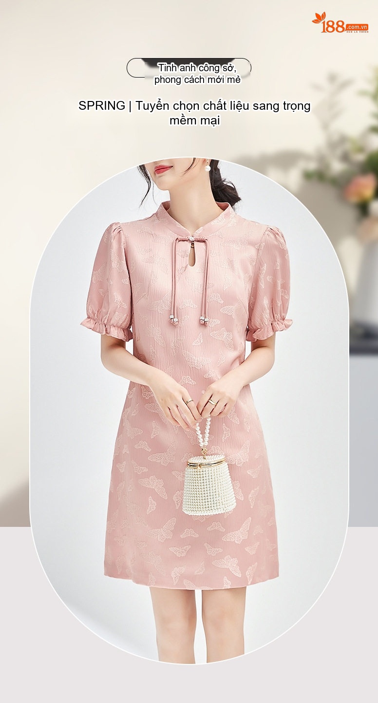 Váy Suông Nữ Họa Tiết Bướm Thêu Nổi Phong Cách Tân Cổ Điển Màu Hồng chi tiết 1