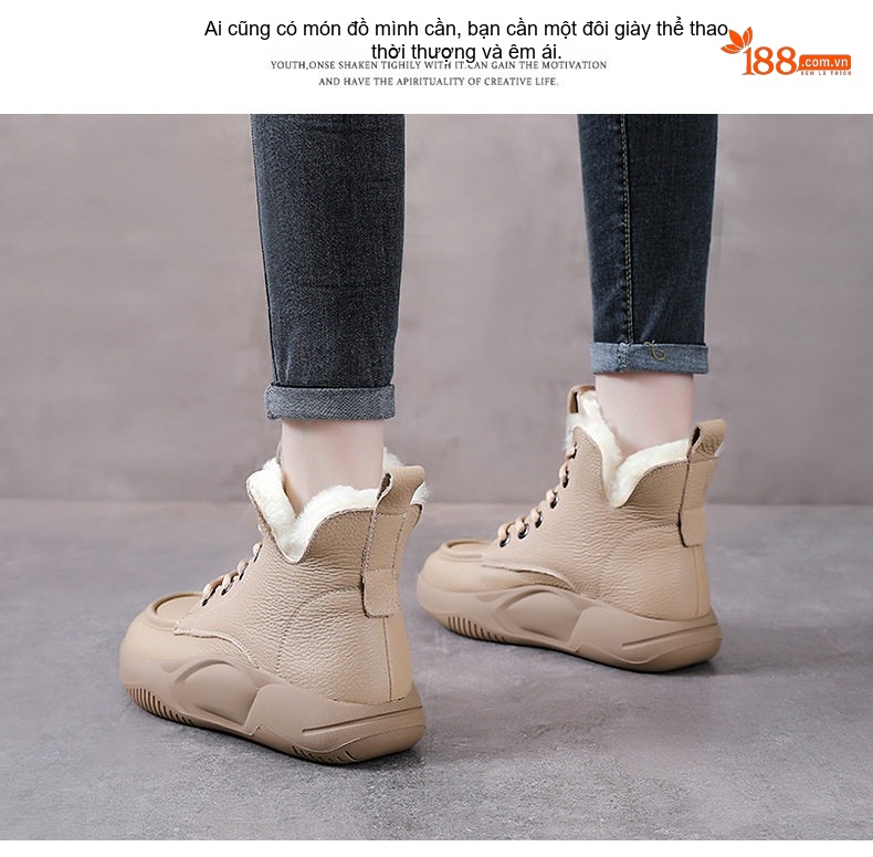 Giày Boot Nữ Da Bò Lót Lông Cừu Non Cổ Cao Dây Buộc Chiều Cao Đế Khoảng 5cm Màu Be, Đen chi tiết 13
