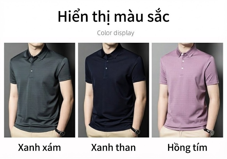 Áo Polo Nam Tay Ngắn 100% Tơ Tằm Mát Lạnh Cổ Bẻ Màu Xám, Xanh Navy, Tím chi tiết 6