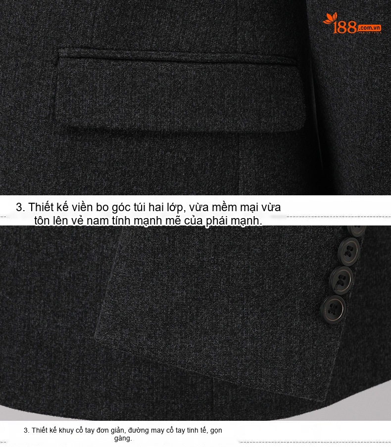 Bộ Vest Nam Wool (Lông Cừu) Dày Dặn, Chống Nhăn, Dáng Đứng, Phong Cách Doanh Nhân Màu Xám Đậm chi tiết 5
