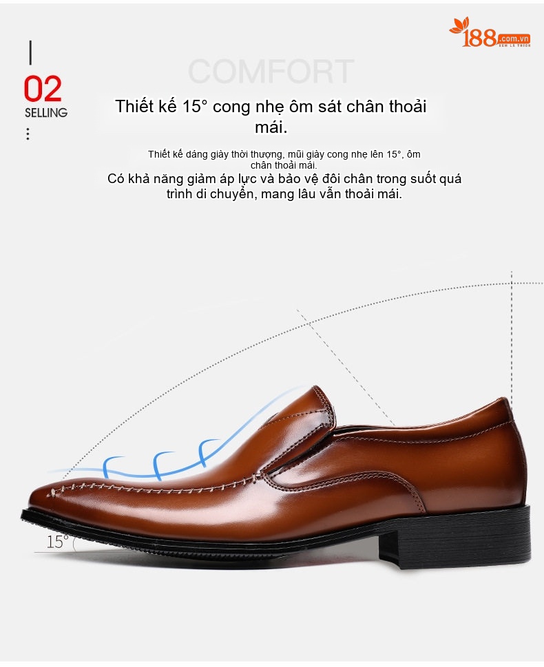 Giày Lười Nam Da Bò Mũi Nhọn Thoáng Khí Chiều Cao Đế Khoảng 3cm Màu Nâu, Đen chi tiết 3