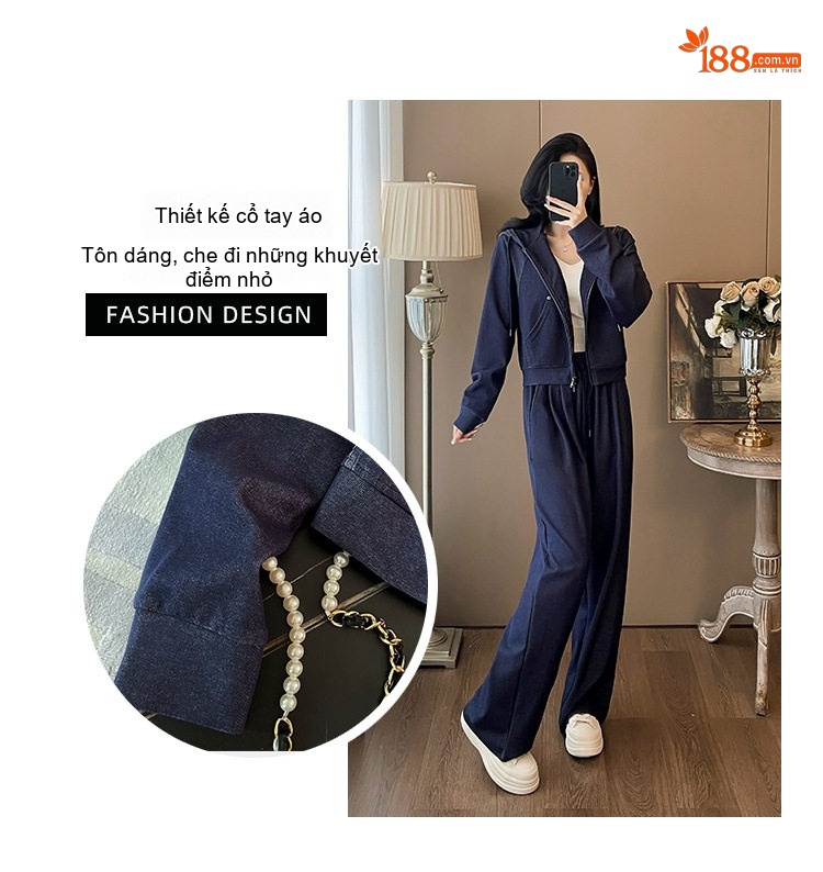 Bộ Đồ Thể Thao Nữ Áo Khoác Hoodie Dây Kéo Quần Ống Rộng Màu Đỏ Rượu Vang, Xanh Navy chi tiết 5