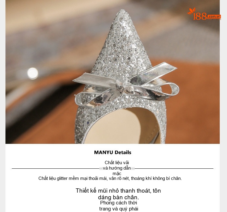 Giày Cao Gót Nữ Gót Nhọn Chiều Cao Đế 8cm Hở Mũi Đính Kim Tuyến Nơ Bướm Màu Bạc chi tiết 5