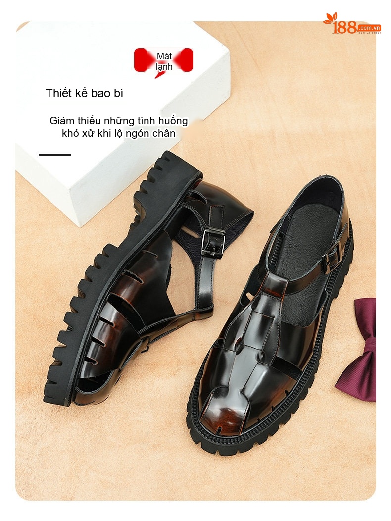 Sandal Rọ Nam Da Bóng Đế Dày Chiều Cao Đế Khoảng 3cm Màu Đen chi tiết 3