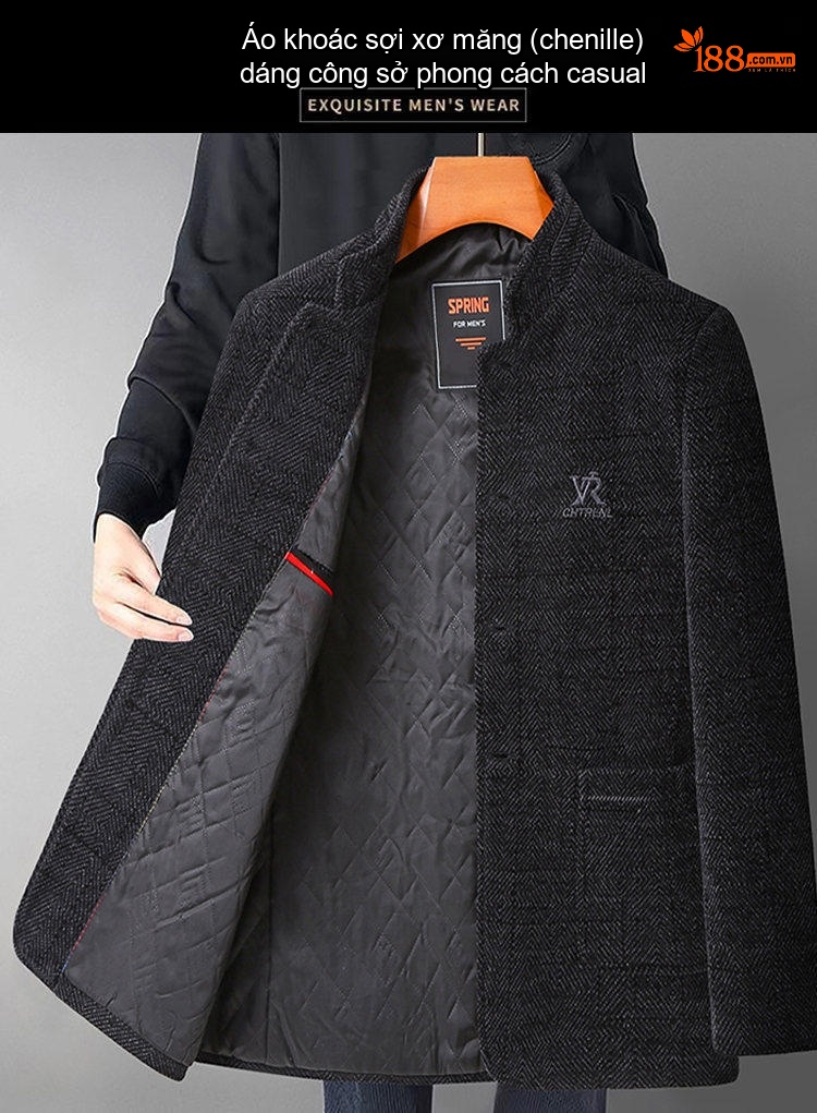 Áo Khoác Nam Trung Niên Chenille Lót Bông Dày Dặn Cổ Trụ Màu Đen, Xám chi tiết 13