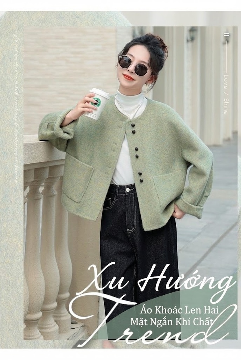 Áo Khoác Nữ Lông Cừu Hai Mặt Phong Cách Tiểu Thư Thanh Lịch Màu Xanh Lá chi tiết 2