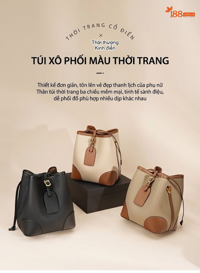 Túi Xách Nữ Da Thật Đeo Chéo Dáng Thùng Màu Trắng Kem, Nâu chi tiết 2