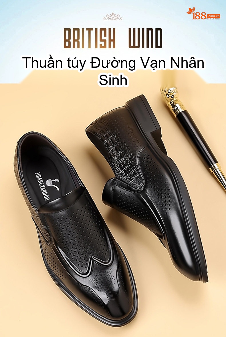 Giày Lười Nam Da Bò Đục Lỗ Thoáng Khí Chiều Cao Đế Khoảng 2cm Màu Đen, Nâu chi tiết 6