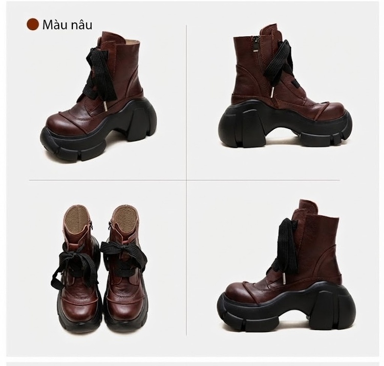 Boot Nữ Da Bò Cổ Cao Thắt Dây Phong Cách Âu Mỹ Chiều Cao Đế Khoảng 6cm Màu Đen, Nâu chi tiết 17