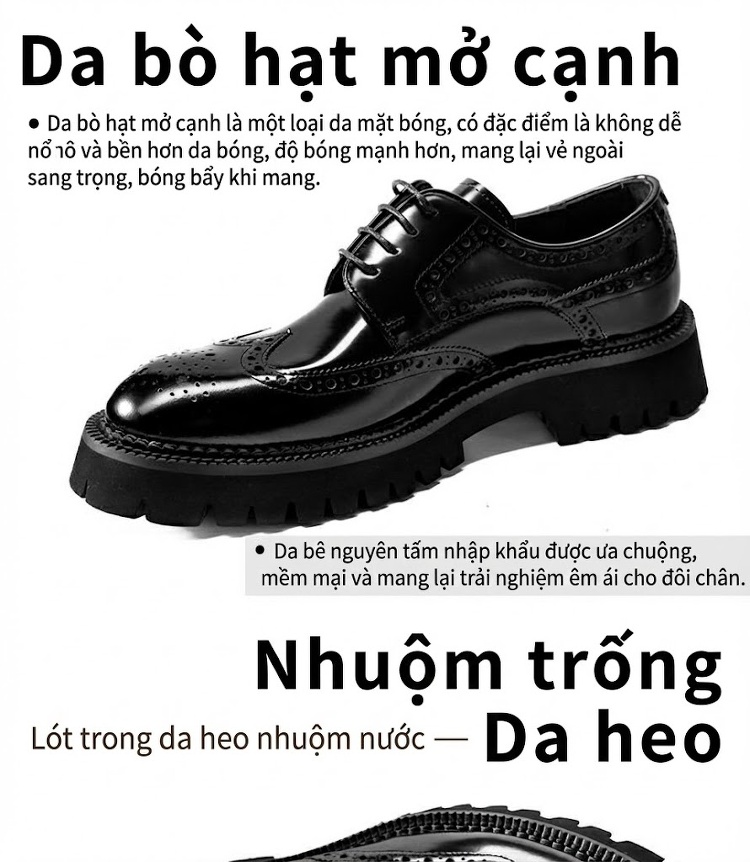 Giày Tây Buộc Dây Nam Da Bò Thời Trang Chiều Cao Đế Khoảng 4cm Phong Cách Brogue Màu Đen chi tiết 10