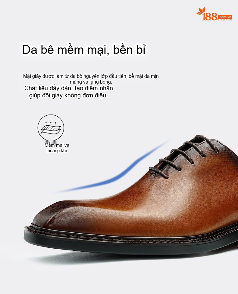 Giày Tây Buộc Dây Nam Da Thật Mũi Vuông Chiều Cao Đế Khoảng 3cm Màu Nâu, Đen chi tiết 9