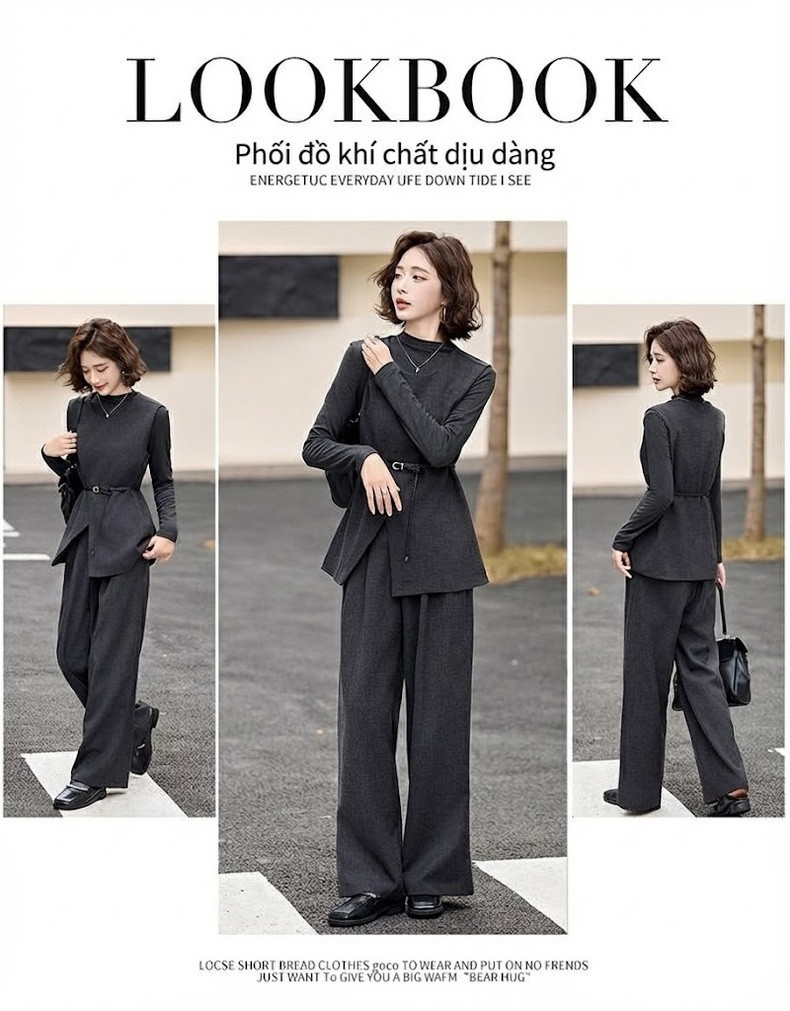 Set Bộ Vest Nữ Áo Gile Quần Ống Rộng Phong Cách Thời Trang Thanh Lịch Màu Xám chi tiết 8