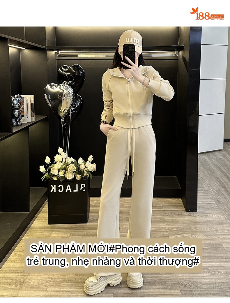 Bộ Quần Áo Nữ Dáng Rộng Áo Khoác Lửng Có Mũ Quần Ống Rộng Lót Lông Màu Be chi tiết 2